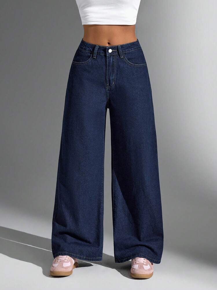 SHEIN Jeanoir Damen Jeans mit weitem Bein, lockere Passform, lässig und vielseitig - Dunkle Waschung - Übersicht 1