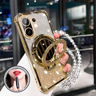 Nuevo estuche antichoque de 4 esquinas para teléfono + cuerda colgante con perlas rosas brillantes + espejo de maquillaje circular rosa brillante con soporte magnético integrado compatible con iPhone 6/7/8/X/XS/XR/11/12/13/14/15/16, Galaxy S22/23/24, A04/05/06/A14/A15/A16/A24/A25/A34, Redmi Note 7/8/9/10/11/12/13, Redmi 9/10/12/13C, OPPO, MOTO, Honor X, HW, Realme C53 C55