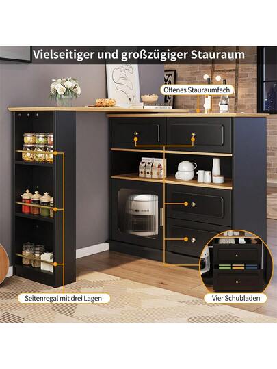 Sairedel Extendable Bar Tafel Storage Space (125 181*39*104.5cm), 360° Rotatable Dining Table, Moderne Movable High Kitchen Isl Bistro Sideboard Cabinet Shelves Glass, Zwart view 3