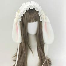 1pc Lolita Rabbit Ear Headband With Bow, Plush Rabbit Ears With Lace Bow, Suitable For Party Costumes, As Gift For Friend's Birthday, Back To School, Thanksgiving Halloween