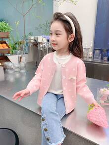 enmi bear 青少年女孩波尔卡圆点开衫毛衣,保暖内衬休闲长袖针织外套,秋冬 - 粉色 - 查看 4