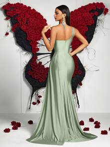 ADYCE 不对称领口、褶皱腰身、高开衩长裙、前幅垂褶设计、露背剪裁，完美适用于盛大晚宴、优雅晚宴、婚礼宾客着装、毕业典礼和正式晚宴等正式场合。 - 綠色 - 查看 2