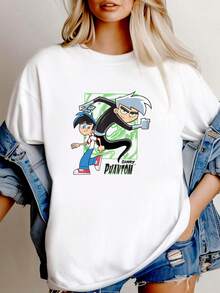 180g Pure Cotton Danny Phantom Cartoon T-Shirt Black Cotton Tee All Sizes S To 5XL 3F458 Slightly Stylish Fashion Graphic Print Round Neck Short Sleeve Designer Clothes Summer Men Unisex Versatile Top For Everyday Wear Streetwear For Women Stretched Comfortable Casual Breathable Soft