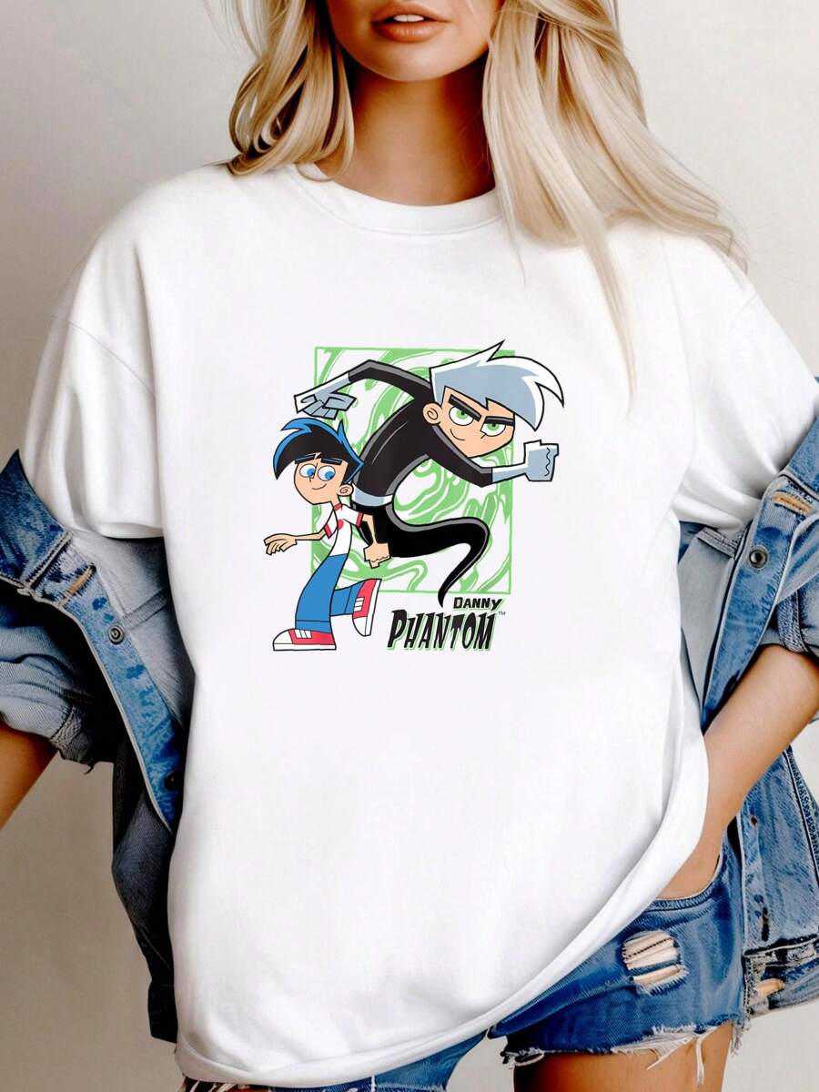 180g Pure Cotton Danny Phantom Cartoon T-Shirt Black Cotton Tee All Sizes S To 5XL 3F458 Slightly Stylish Fashion Graphic Print Round Neck Short Sleeve Designer Clothes Summer Men Unisex Versatile Top For Everyday Wear Streetwear For Women Stretched Comfortable Casual Breathable Soft