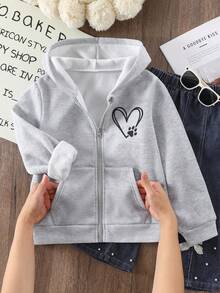 Áo nỉ có mũ lót nhiệt in hình trái tim thời trang thu đông 2024 cho bé gái mới lớn, đa năng, thường ngày, có khóa kéo - Xám - Xem 3