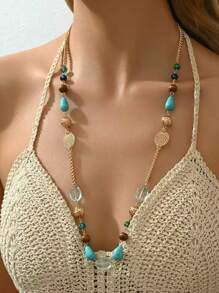 [Crystal Faux Turquoise Boho Necklace] Crystal Natural Wooden Beads Faux Turquoise Decor Necklace Boho Vintage Necklace Jewelry