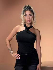 Manon Tanti Solid Form-Fitting Crisscross Halter Top For Summer - Black - View 1