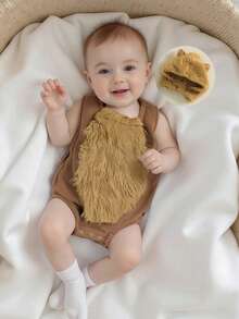 Disfraz de lobo de Halloween para bebé, mono de peluche con cuello redondo, sin mangas y retazos, con gorro, 2 piezas - Caqui - Ver 2