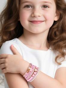 8pcs Girls' Pearl Beaded Heart & Flower Bracelet Set - Multicolor - View 3