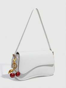 1 件 PU 皮革女士单肩包，白色紧凑型方形包，多功能皮革小手提包，Y2K 宝贝包，腋下单肩包，时尚斜挎包，配有樱桃吊饰 - 白色 - 查看 5