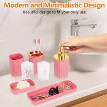 9-Piece Set Of Gold Bathroom Accessories, Pink Bathroom Accessory Set, Equipped With Toothbrush Holder, Mouthwash Cup, Soap Dispensing Bottle, Tray, Soap Box, Press Open Trash Can, Toilet Brush Home Bathroom Decor Bathroom Accessories Bathroom Organizer Summer Back To School - 粉色 - 查看 4
