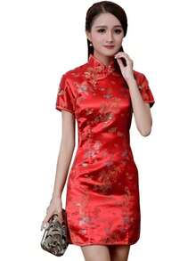 Cheongsam Dress Women Qipao Short Sleeve Bodycon Mandarin Collar Side Slit Floral Print Dress - Red Flower - View 4