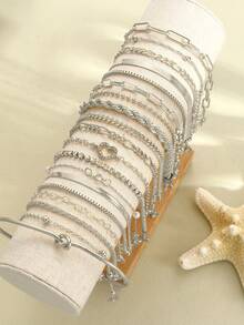 19/11/9/15/8/12/23件套心形结、水晶钻、几何串珠、仿珍珠、宽金属蛇链、扭链、马蹄链、极简主义素链、开口袖口手链，时尚优雅复古波西米亚风格设计，适合节日、派对、约会、礼物、日常佩戴 - 銀色 - 查看 12