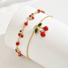 2 pezzi Cavigliera donna con pendente a forma di ciliegia, semplice e alla moda, adatta per uso casual, viaggio, spiaggia, uso quotidiano, elegante e luminosa collana gioiello.