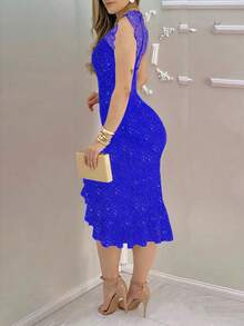 Đầm dự tiệc không tay phối ren, màu trơn, gợi cảm, xẻ cao, viền bèo nhún, lấp lánh ánh kim loại, thích hợp cho mùa xuân/hè. - Màu xanh lam - Xem 4