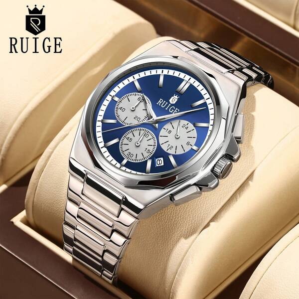 RUIG RUIGE Men's Luxury Quartz Watch With Stainless Steel Bracelet, Multi-Functional Display, Round Business Fashion Men's Gift Wristwatch Affordable Back To School Watch