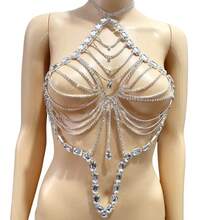 1pc Sexy Rhinestone Tasseled Chest Chain, Women's Nightclub Bikini Bodychains Bra Accessory - Gold - View 3