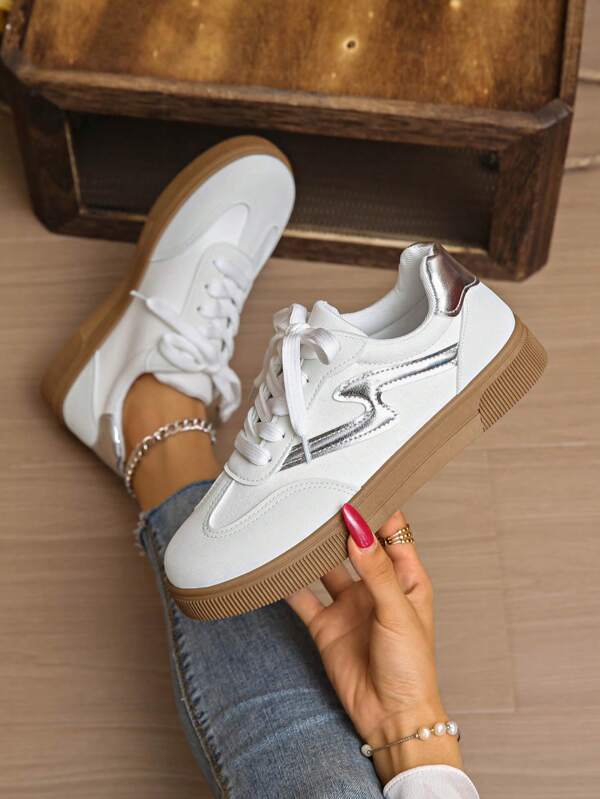 Women's Casual Sport Shoes, Solid Color Preppy College Retro Sporty PU Leather Lace-Up, Suitable For School, Office, Gym, Outdoor, All Seasons, Back To School, Comfy Work Commute Sneakers