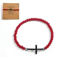 Bracciale da uomo con croce in metallo color acciaio, accessori metallici cool e hardcore con perline di calcedonio rosso cremisi lucido da 4 mm e pietre preziose