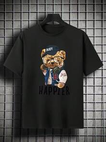 Plus Size Men's Casual T-Shirt - Comfy Polyester Blend Crew Neck Short Sleeve With Cool Bear Print - Perfect For Summer Plus Size Summer PLUS SIZEgraphic Tees Men Shirts Streetwear White Shirt Black Shirt - Black - View 1