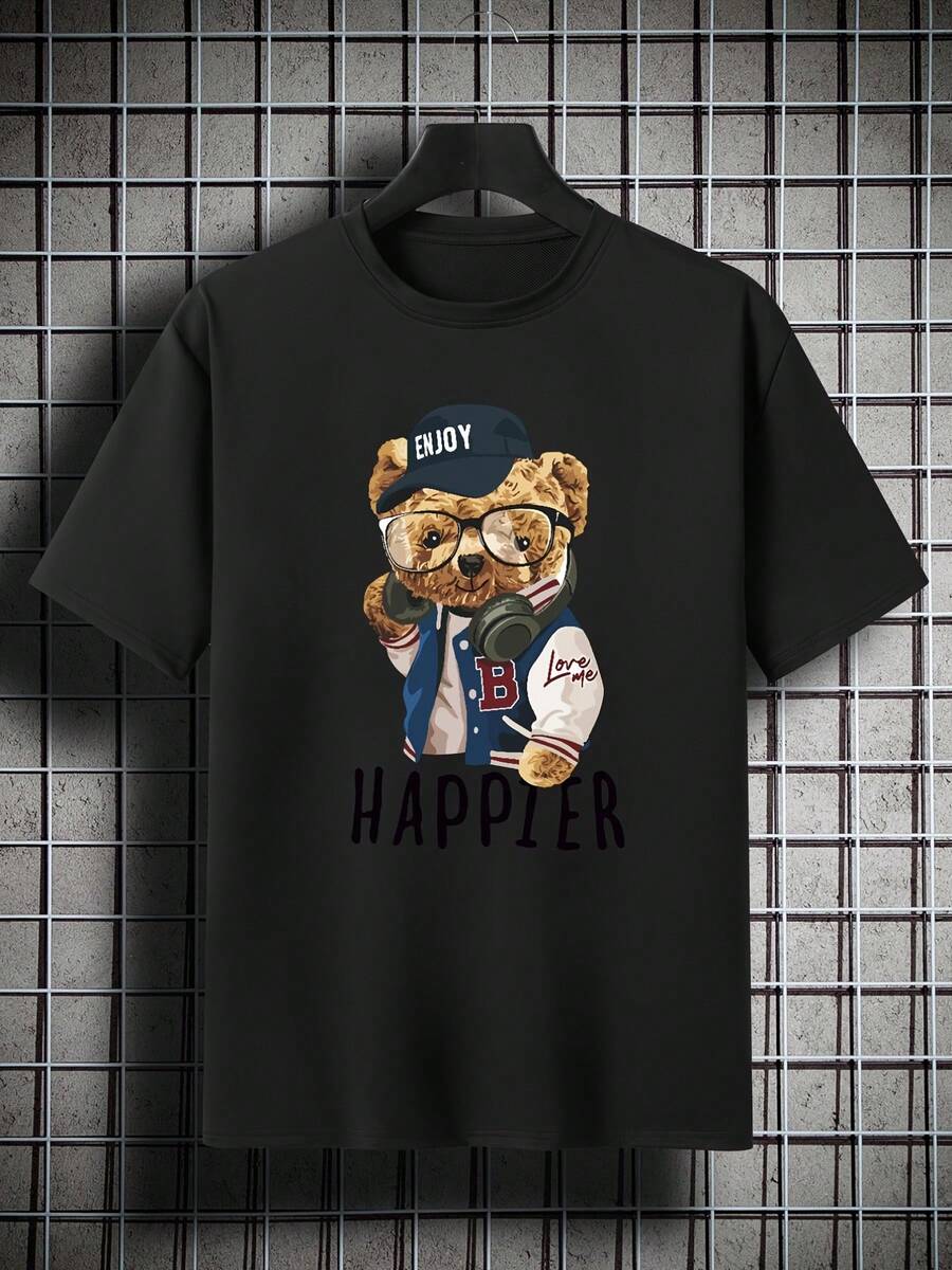 Plus Size Men's Casual T-Shirt - Comfy Polyester Blend Crew Neck Short Sleeve With Cool Bear Print - Perfect For Summer Plus Size Summer PLUS SIZEgraphic Tees Men Shirts Streetwear White Shirt Black Shirt - Black - View 1