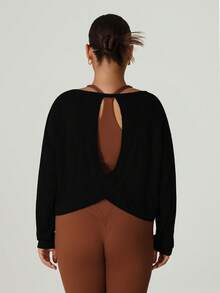 大码女式轻薄透气露背休闲健身运动长袖T恤罩衫黑色春季款 - 黑色 - 查看 7