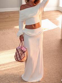 Women's White Textured Off - Shoulder Long Sleeve Cropped Top & High - Waist Flowy Maxi Skirt Set, Classy Elegant Outfit For Daily/Date/Vacation/Wedding Guest/Casual Looks, Fashion Matching Sets For Women - 白色 - 查看 11