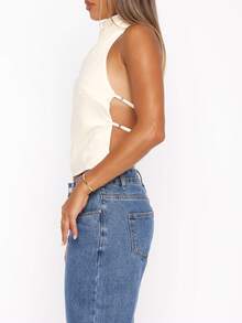 Women's Halter Neck Satin Tank Tops Mock Neck Sleeveless Backless Shirts Solid Color Slim Fit Crop Tops Summer High Neck Vest Camisoles Holiday Beachwear Party Clubwear - 白色 - 查看 4