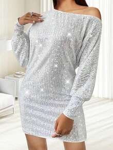 Vestido mini ajustado con un hombro descubierto, con lentejuelas, de manga larga y estilo elegante para mujer - Blanco - Ver 3