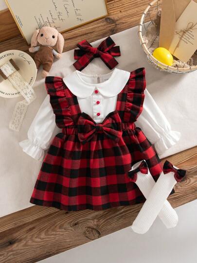 Conjunto de otoño/invierno para niñas bebé: blusa con cuello Peter Pan linda, vestido de peto a cuadros rojos, calcetines con lazo, diadema