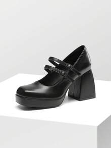 Women's Platform Mary Jane High Chunky Closed Square-Toe Heels Block Double Strap Dress Pumps Y2K Fashion Party Dating Shoes - 黑PU - 查看 3