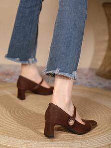 女士新款便捷魔术贴高跟鞋，粗跟舒适方头时尚春秋百搭中跟玛丽珍工作办公鞋，黑色，优雅 - 棕色 - 查看 6