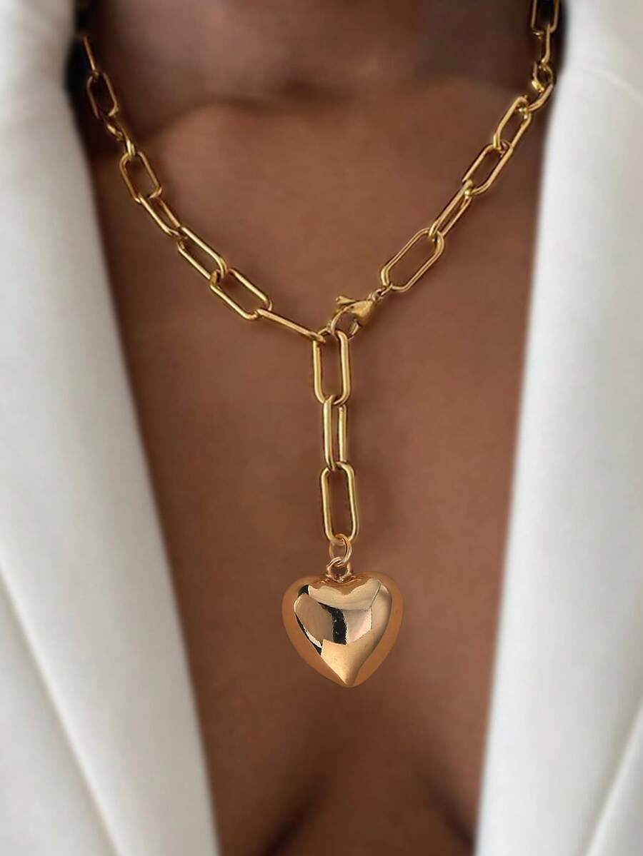 Nooxian 1pc Pendant Necklace, Smooth Heart Shaped Pendant Y-Necklace, Hiphop Style For Women (Random Quantity Of Chain Rings)