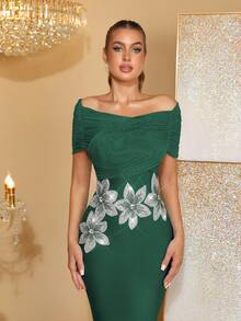 Nuevo vestido midi elegante de color verde oliva con hombros con abertura, espalda descubierta, decoración de flores de strass, ideal para boda, fiesta y festival