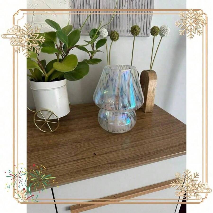 8" Rainbow Glass Mushroom Table Lamp, Battery Powered