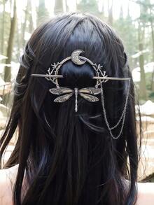 1个金属森林蜻蜓新月昆虫发夹，适合日常佩戴、盘发、发髻造型、发髻发片、发型设计发夹、发卡、抓夹、发夹、发卡、发饰、头部饰品、女士发饰 - 復古銀色 - 查看 1