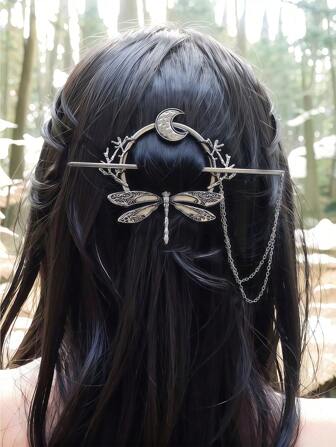 1pc Metal Forest Dragonfly & Crescent Moon Insect Hair Clip, Suitable For Everyday Wear, Bun Extension, Hair Bun Maker, Bun Hair Piece, Hair Styling Pins, Pins For Hair, Claw Clips, Bobby Pins, Hairpin, Hair Accerssories