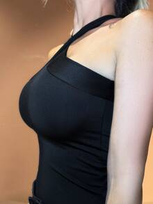 Manon Tanti Solid Form-Fitting Crisscross Halter Top For Summer - Black - View 6