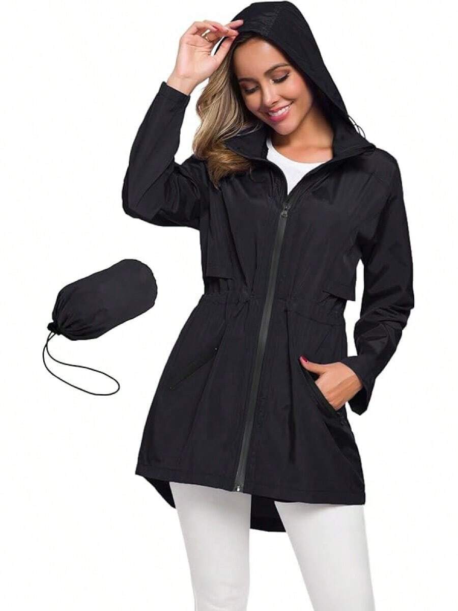 Women's Long Raincoat With Hood Outdoor Lightweight Windbreaker Waterproof - màu đen - Xem 1