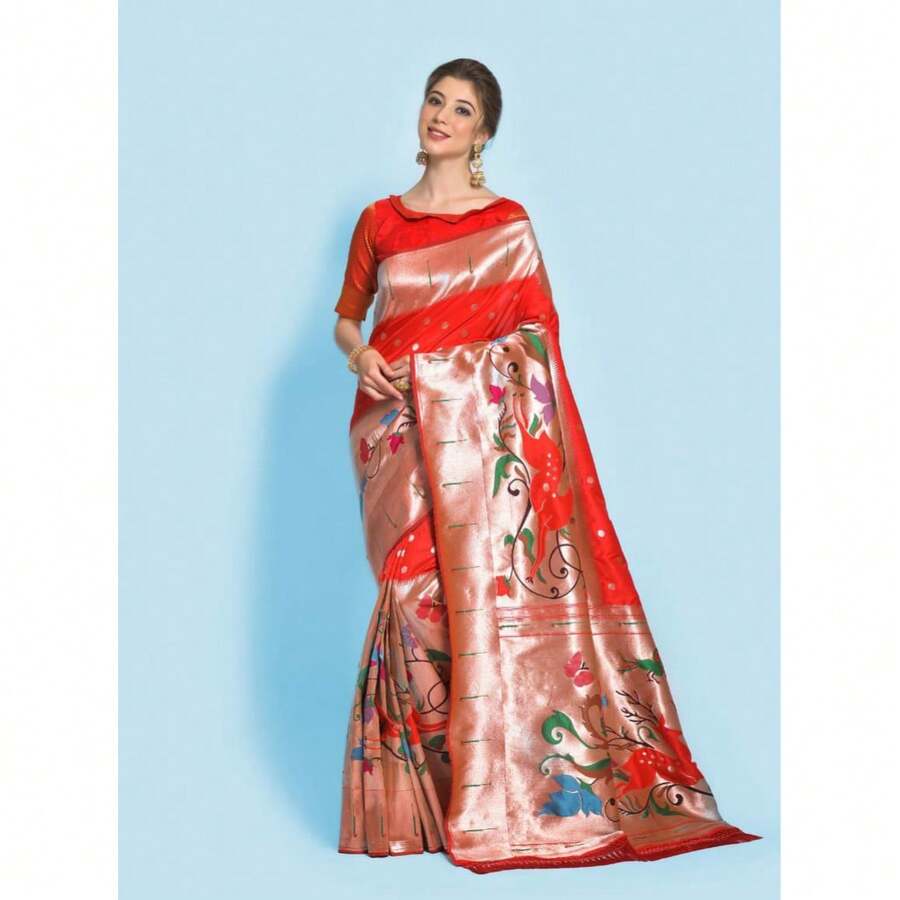 Red Banarasi Soft Silk Paithani Saree - Red - View 1