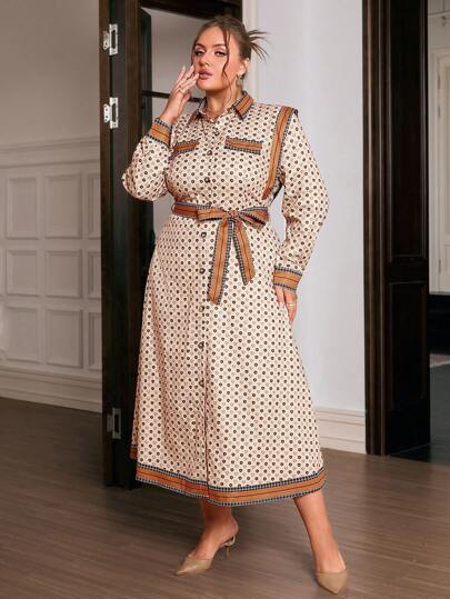 Sollinarry Abito casual a maniche lunghe con stampa posizionata per donne taglia curvy, alla moda per l'ufficio e l'abbigliamento da insegnante, adatto per l'autunno