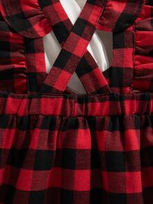 秋冬女婴套装：可爱彼得潘领衬衫、红色格子背带裙、蝴蝶结袜子、头带 - 紅色 - 查看 10