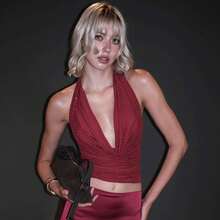 Womenacute;S Summer Sparkle Sleeveless Backless Rhinestone Halter Tank Tops - Burgundy - View 4