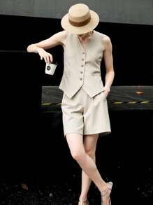 2pcs Women Casual Solid Color Elegant Button Front Pocket Vest & Shorts Set, Office Wear Early Autumn