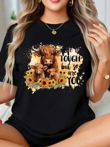 Women's Plus Size Highland Cow, Casual Crew Neck T-Shirt With Funny Highland Cow Graphic, Just A Girl Who Love Cow Short Sleeve For Daily Wear, Great Gift For Highland Cow Fans & Farm Highland Cow Mom - 黑色 - 查看 1