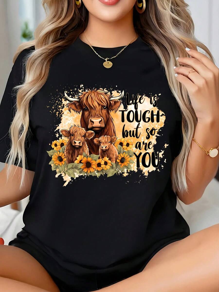 Women's Plus Size Highland Cow, Casual Crew Neck T-Shirt With Funny Highland Cow Graphic, Just A Girl Who Love Cow Short Sleeve For Daily Wear, Great Gift For Highland Cow Fans & Farm Highland Cow Mom - 黑色 - 查看 1
