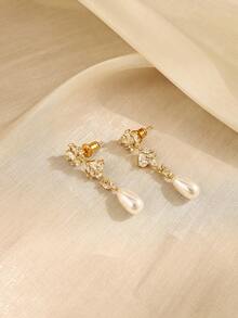 Women's Pearl Earrings, Elegant Women's Gold Earrings, 14K Gold/Silver Plated Cubic Zirconia Pendant Earrings, Clip-On Pendant Pearl Simple Everyday Jewelry Gift 14k Gold Plated CZ Pearl Bridal Earrings, Low Allergy Gold Plated Earrings, Elegant Wedding Bride Pearl Jewelry For Women - Draped - View 6