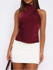 Women's Halter Neck Satin Tank Tops Mock Neck Sleeveless Backless Shirts Solid Color Slim Fit Crop Tops Summer High Neck Vest Camisoles Holiday Beachwear Party Clubwear - 酒紅色 - 查看 3
