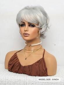 巴西假发 8 英寸短直分层灰色假发，适合派对、母亲节和休闲装的自然造型，派对配饰，天然假发。 - 灰色 - 查看 3