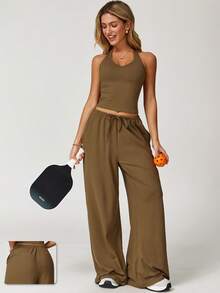 MASKERT 女士运动裤、瑜伽裤、休闲裤、健身服、运动服、跑步裤、休闲运动服、家居服、舒适亲肤紧身裤 - 咖啡棕 - 查看 6